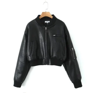 Blouson Varsity en Cuir Noir Court Femme