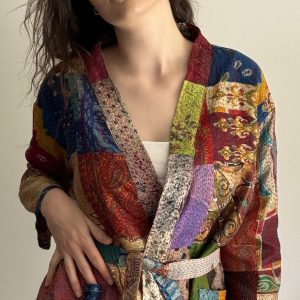 Veste kimono patchwork en soie réversible Lucia
