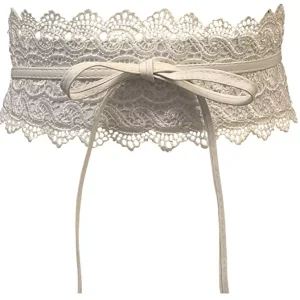 Ceinture dentelle blanche avec lanière à nouer en simili cuir