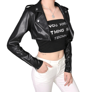 Veste courte imitation cuir femme – Col à revers – boutons de manchette à fermeture éclair
