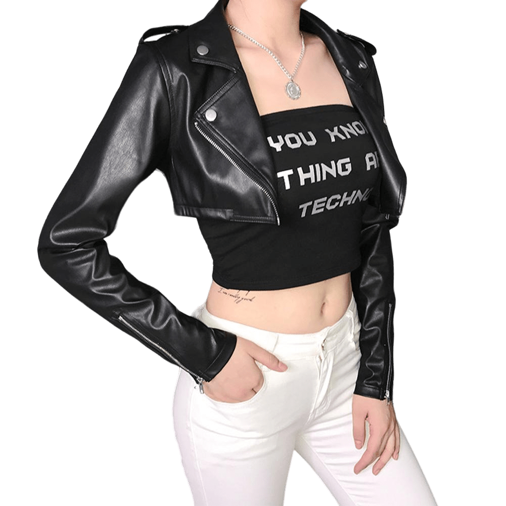 Veste courte imitation cuir femme – Col à revers – boutons de manchette à fermeture éclair